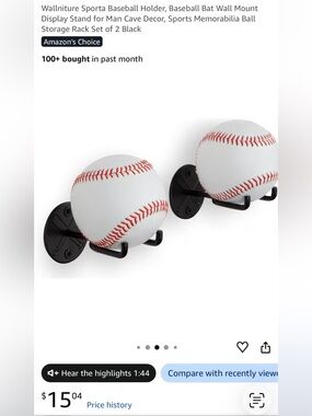 Baseball/Baseball Bat Wall Mount Display Rack - Black (Set of 2)